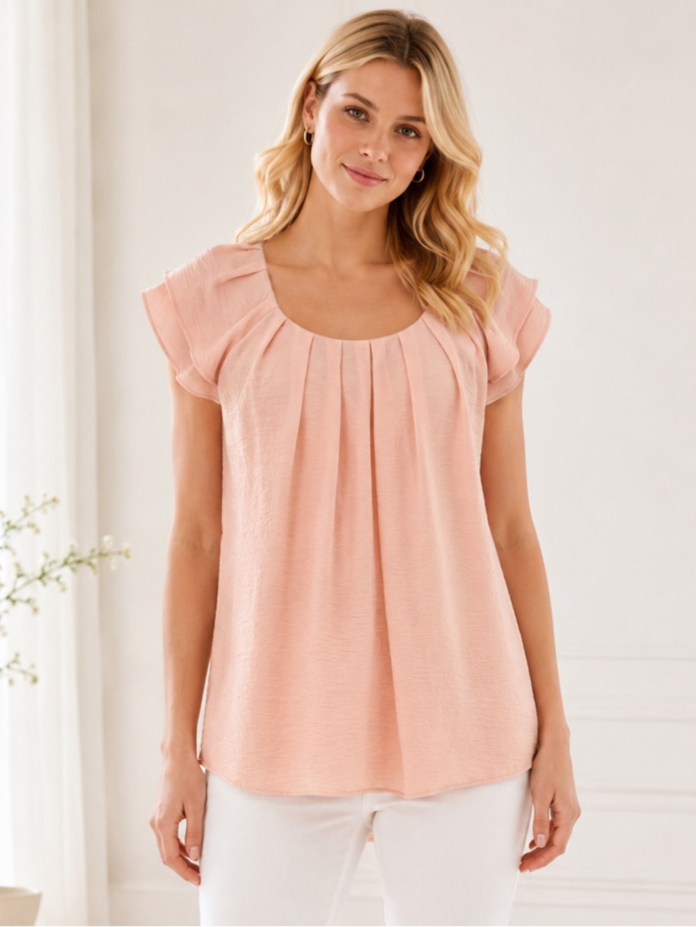 NY Collection Salmon Pink Pleated Ruffle Blouse Top Lightweight Flowy NWT M